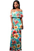Turquoise Roses Print Off-the-shoulder Maxi Dress